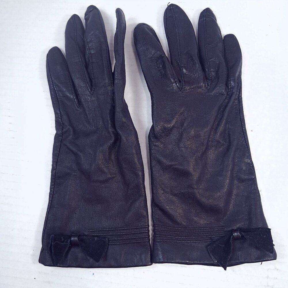 Fownes Leather Gloves women's sz 7 black‎ bow Antron lining Made in Philippines